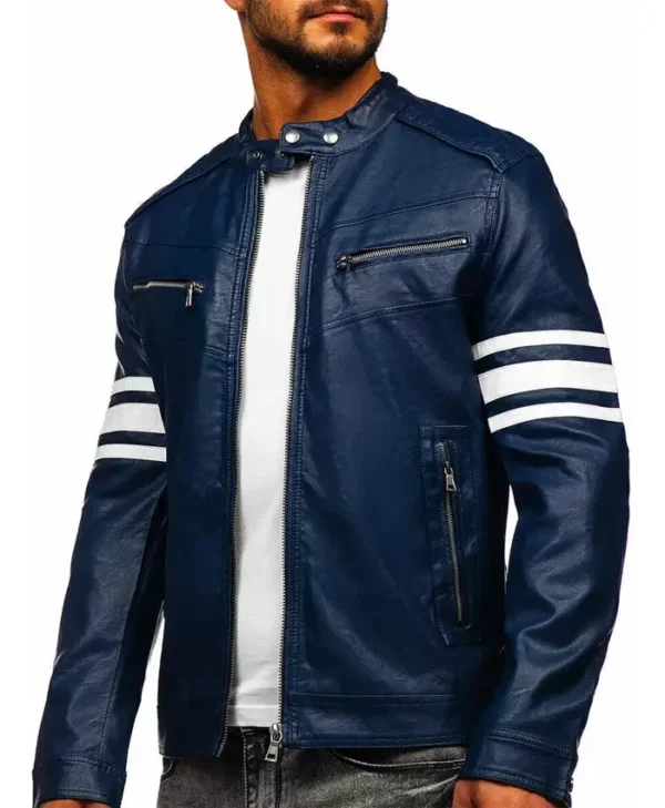 Blue Mens Cafe Racer Striped Leather Jacket