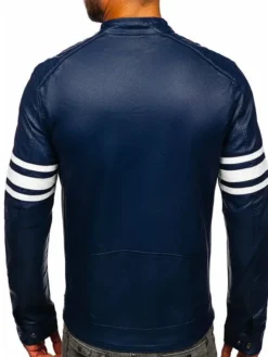 Blue Mens Cafe Racer Striped Leather Jacket Back