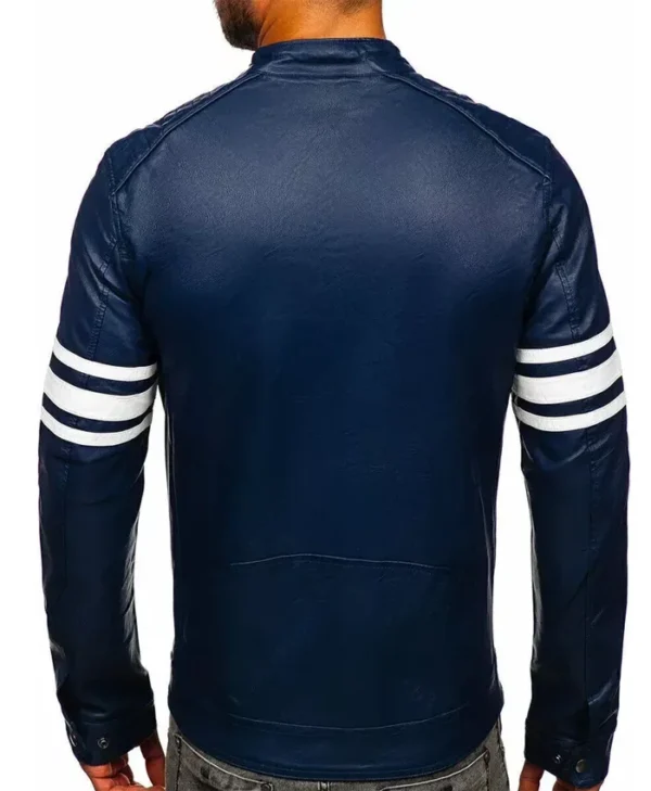 Blue Mens Cafe Racer Striped Leather Jacket Back