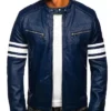 Blue Mens Cafe Racer Striped Leather Jacket Front