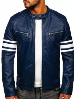 Blue Mens Cafe Racer Striped Leather Jacket Front