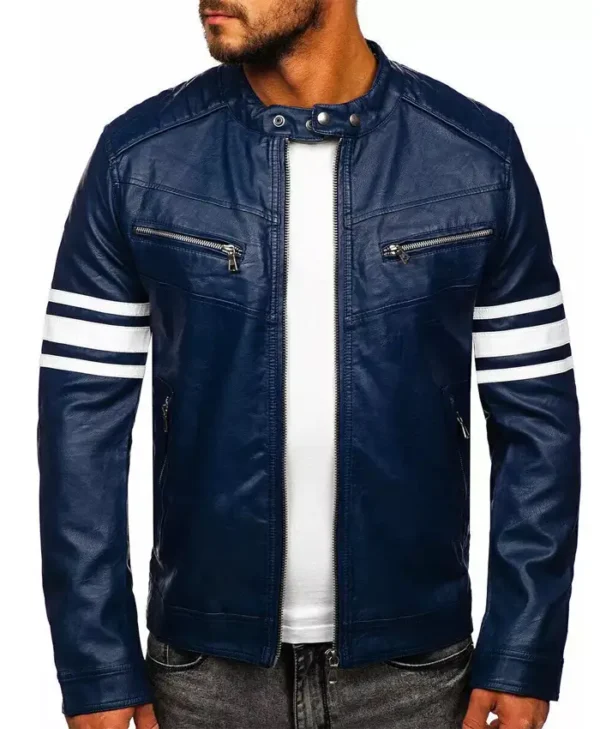 Blue Mens Cafe Racer Striped Leather Jacket Front
