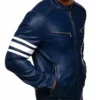 Blue Mens Cafe Racer Striped Leather Jacket Side