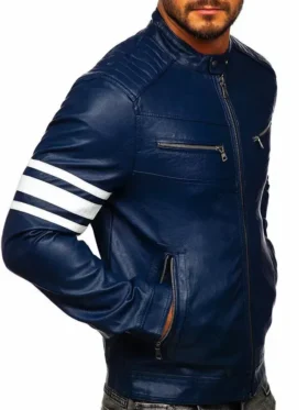 Blue Mens Cafe Racer Striped Leather Jacket Side