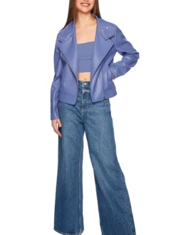 Light Purple Womens Biker Leather Jacket Stand Up