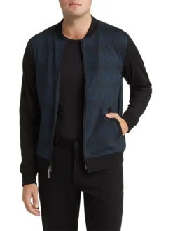 Mens Blue Colorblock Plaid Bomber Jacket Main
