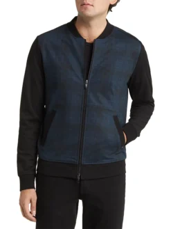 Mens Blue Colorblock Plaid Bomber Jacket Pockets