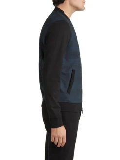 Mens Blue Colorblock Plaid Bomber Jacket Side