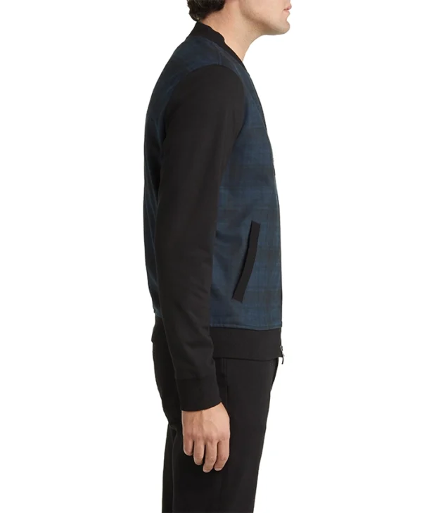 Mens Blue Colorblock Plaid Bomber Jacket Side