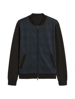 Mens Blue Colorblock Plaid Bomber Jacket Style