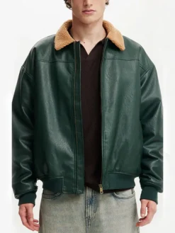 Mens Green Leather Aviator Flight Jacket