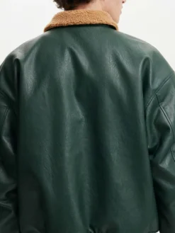 Mens Green Leather Aviator Flight Jacket Back