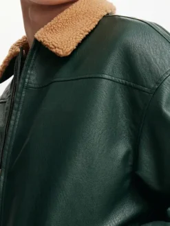 Mens Green Leather Aviator Flight Jacket Collar