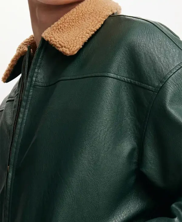 Mens Green Leather Aviator Flight Jacket Collar
