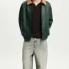 Mens Green Leather Aviator Flight Jacket Stand
