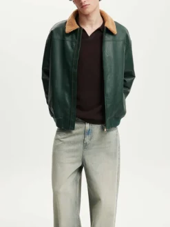 Mens Green Leather Aviator Flight Jacket Stand