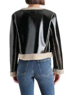 Trendy Womens Cropped Black Shearling Jacket Back