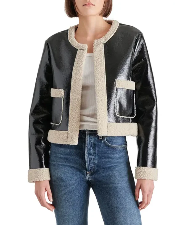 Trendy Womens Cropped Black Shearling Jacket Main