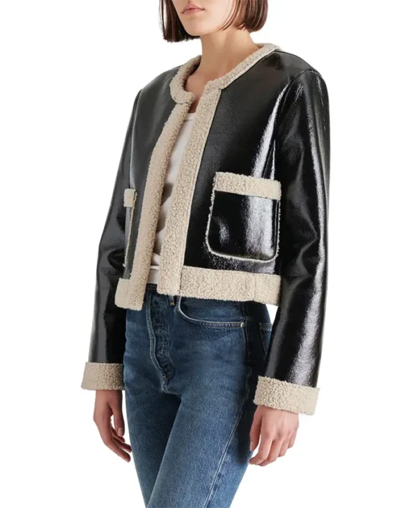 Trendy Womens Cropped Black Shearling Jacket Side