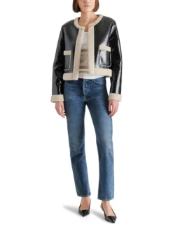 Trendy Womens Cropped Black Shearling Jacket Stand Up