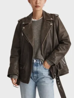 Vintage Brown Distressed Leather Biker Jacket Women