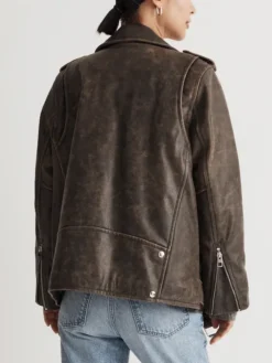 Vintage Brown Distressed Leather Biker Jacket Women Back