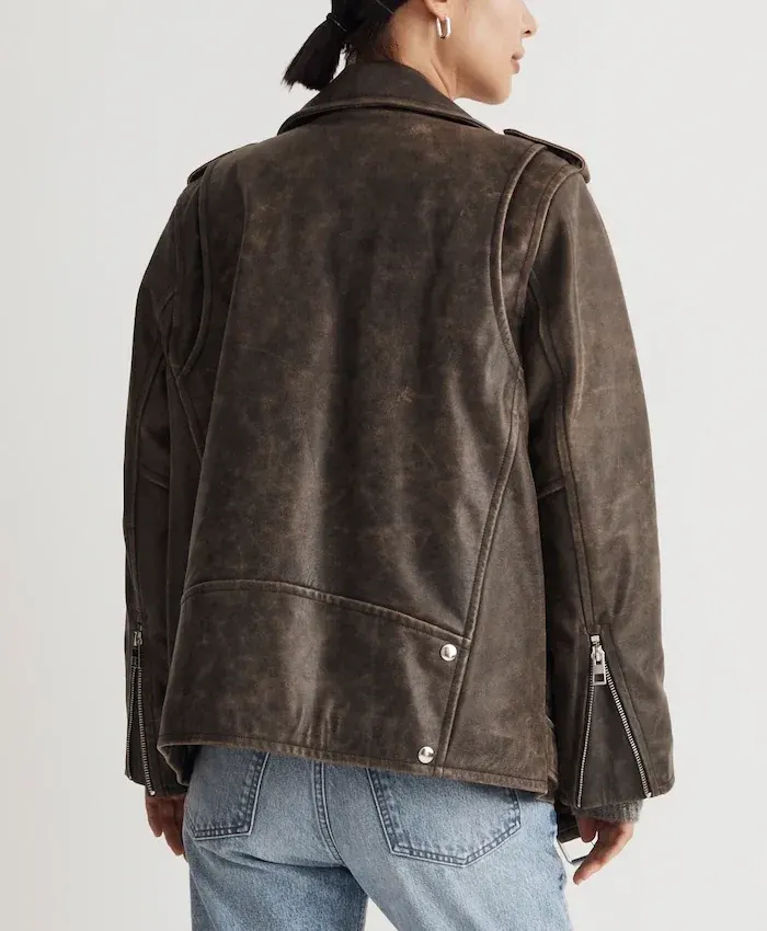 Vintage Brown Distressed Leather Biker Jacket Women Back