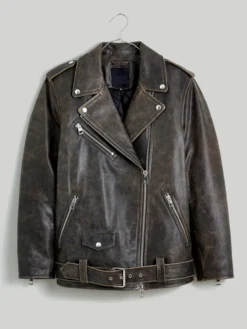 Vintage Brown Distressed Leather Biker Jacket Women Collar