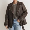 Vintage Brown Distressed Leather Biker Jacket Women Main