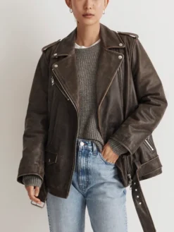 Vintage Brown Distressed Leather Biker Jacket Women Main