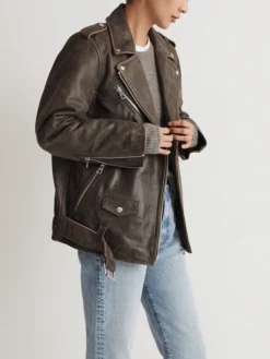 Vintage Brown Distressed Leather Biker Jacket Women Side