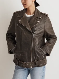 Vintage Brown Distressed Leather Biker Jacket Women Zipper