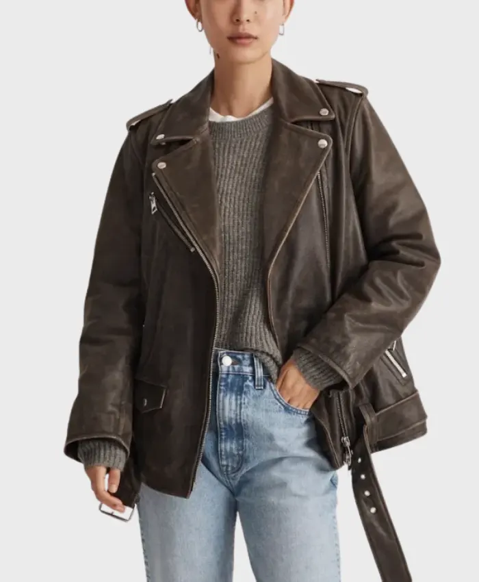 Vintage Brown Distressed Leather Biker Jacket Women