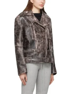 Women Distressed Leather Biker Jacket Left Side