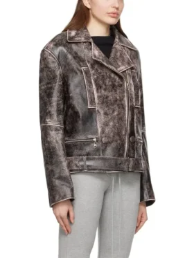 Women Distressed Leather Biker Jacket Left Side