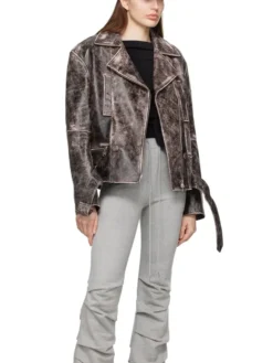 Women Distressed Leather Biker Jacket Stand