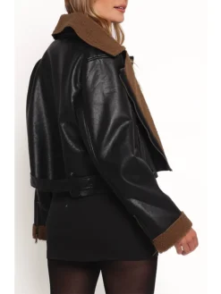 Womens Black And Brown Shearling Cropped Leather Jacket Back