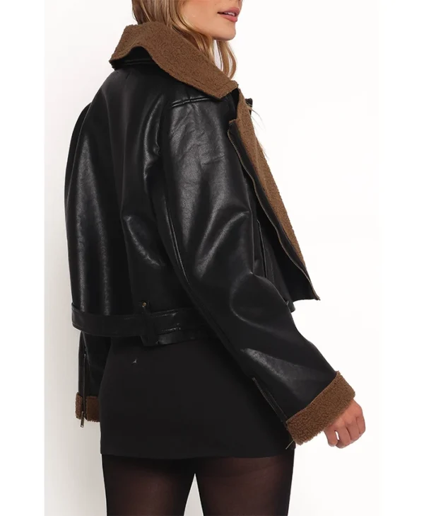 Womens Black And Brown Shearling Cropped Leather Jacket Back