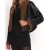 Womens Black And Brown Shearling Cropped Leather Jacket Closure