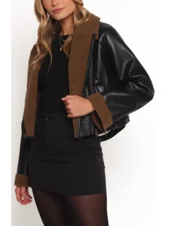 Womens Black And Brown Shearling Cropped Leather Jacket Closure