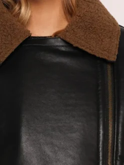 Womens Black And Brown Shearling Cropped Leather Jacket Collar