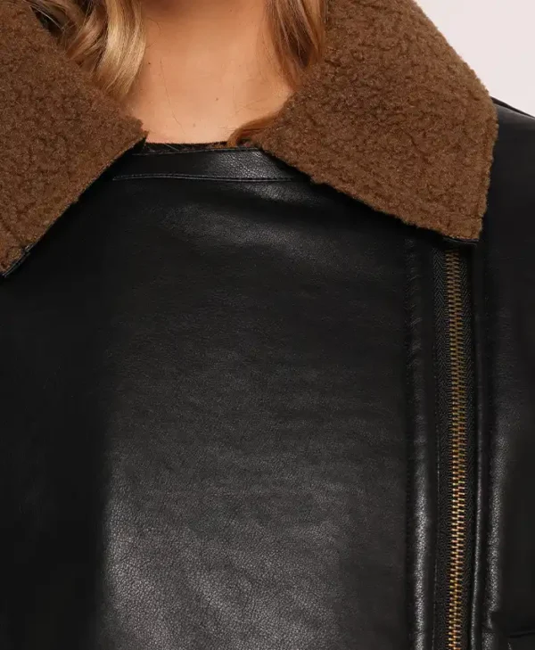 Womens Black And Brown Shearling Cropped Leather Jacket Collar