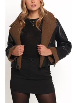 Womens Black And Brown Shearling Cropped Leather Jacket Main
