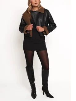 Womens Black And Brown Shearling Cropped Leather Jacket Stand