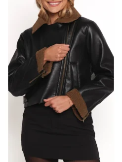 Womens Black And Brown Shearling Cropped Leather Jacket Zipper