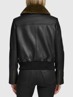 Womens Black Aviator Leather Bomber Jacket Back 1