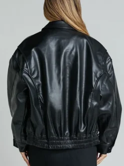 Womens Black Aviator Leather Bomber Jacket Back