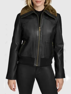 Womens Black Aviator Leather Bomber Jacket Main 1