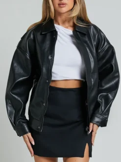 Womens Black Aviator Leather Bomber Jacket Main