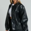 Womens Black Aviator Leather Bomber Jacket Side